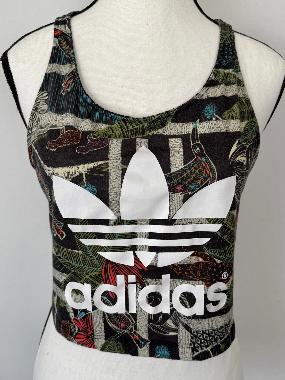 Adidas x FARM Rio Size S Trefoil Tropical Bird Graphic Racerback Tank Top